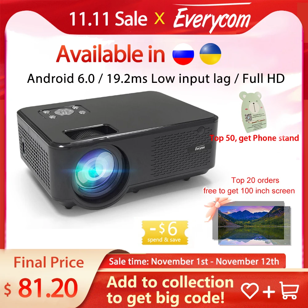 Kup Everycom M8 LED Wideo Mini Projektor HD 720P Przenośna Opcja Android Wifi Bluetooth Beamer Wsparcie FHD1080P Kino Domowe