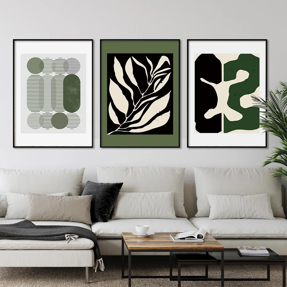 

Modern Abstract Geometric Leaves Black Green Posters Wall Art Canvas Painting Prints Pictures Living Room Interior Home Decor