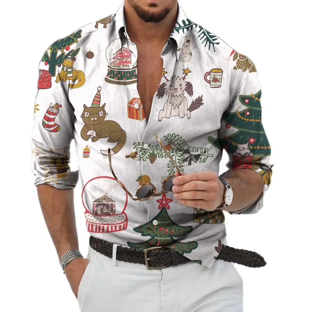 2022 New Christmas Theme 3D Printing Men's Button Shirt Fashion Long Sleeve Shirt Holiday Party Top New Year Street Dress