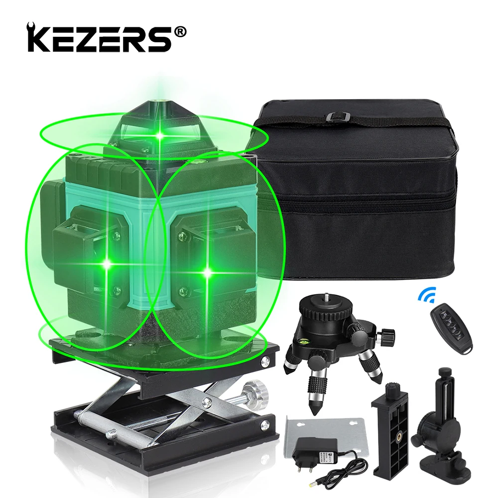 

Лазерный уровень KEZERS 4D, нивелир с 16-линейным зеленым лазером 360, регулируемый подъемный стол, дистанционное управление, металлический штати...