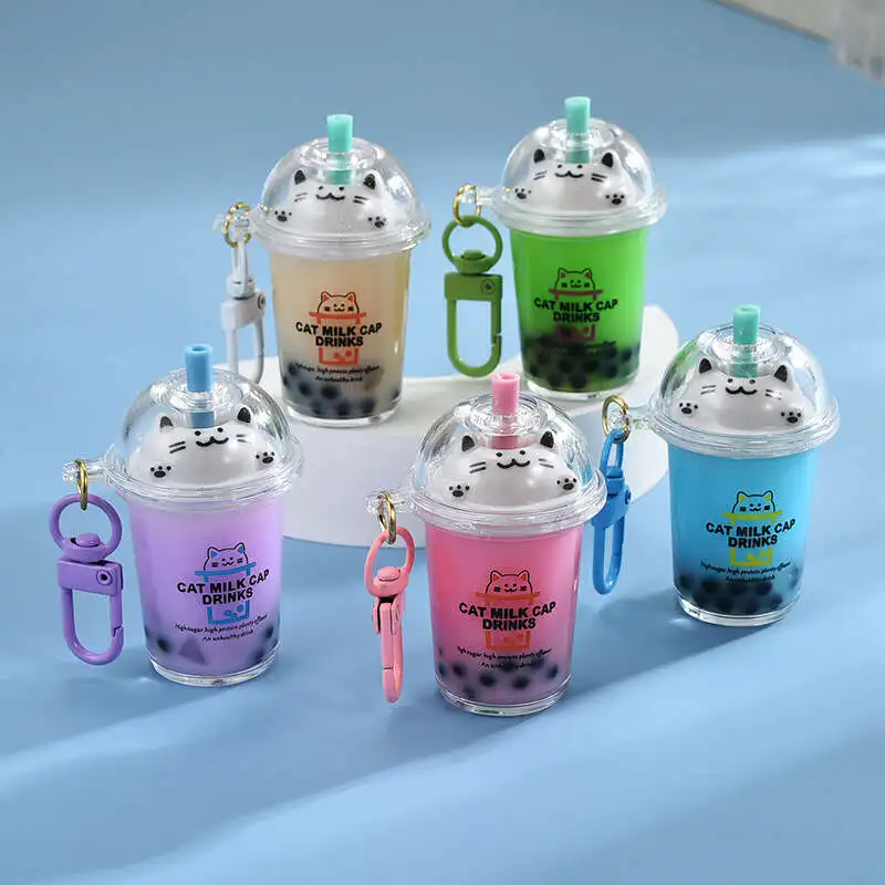Creative Cute Cup Cat Pearl MilkM чай Keychain сетки красный поток бутылка с песком цепочка