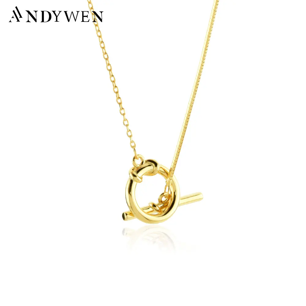ANDYWEN 100% 925 Sterling Silver Gold Clasp 43cm Long Chain Necklace Women Luxury Neck Choker Party Wedding Jewelry Gift