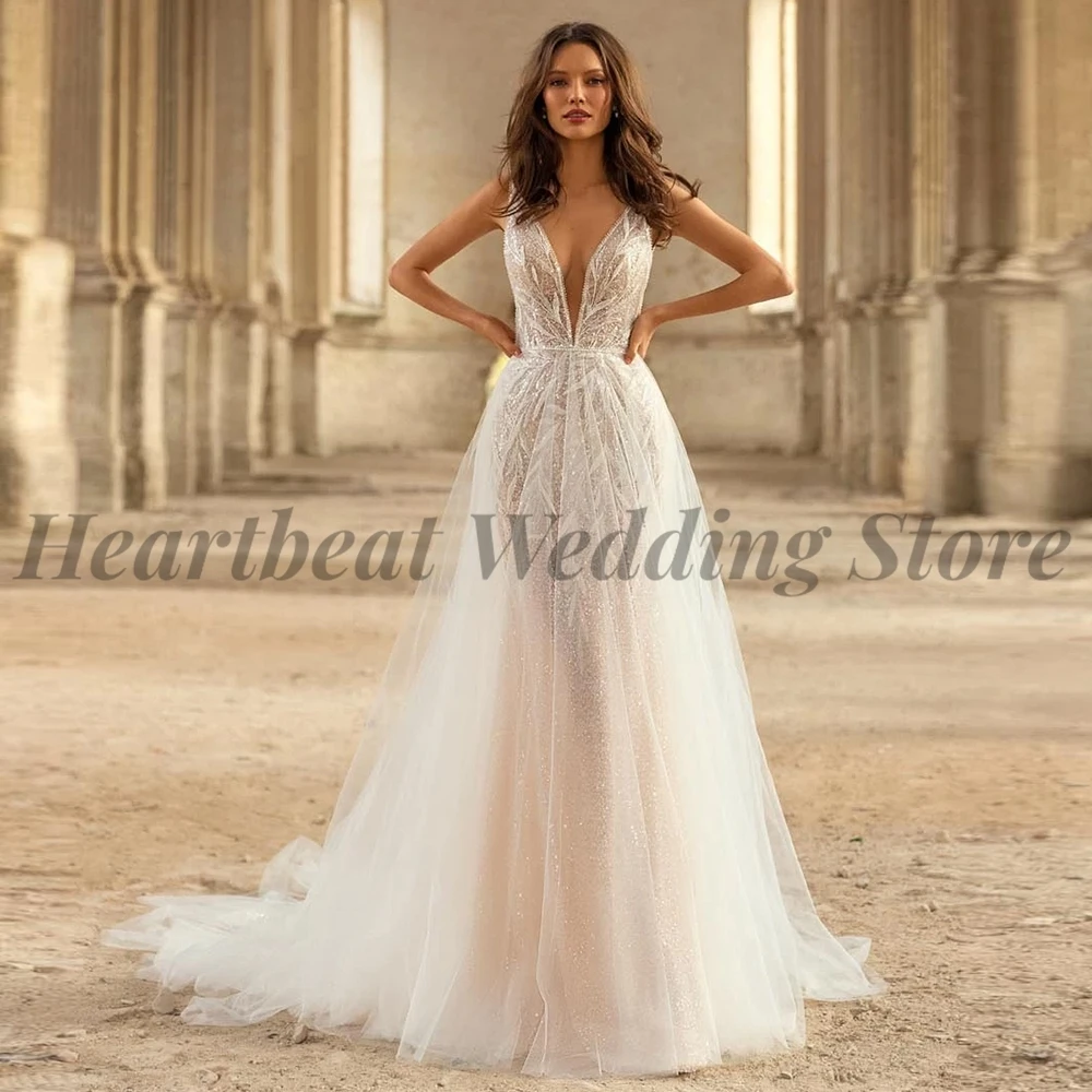 

Mermaid Detachable Court Train Wedding Dress 2023 Ladies Modern A-Line with V-Neck Sleeveless Backless Applique Sequins Beads