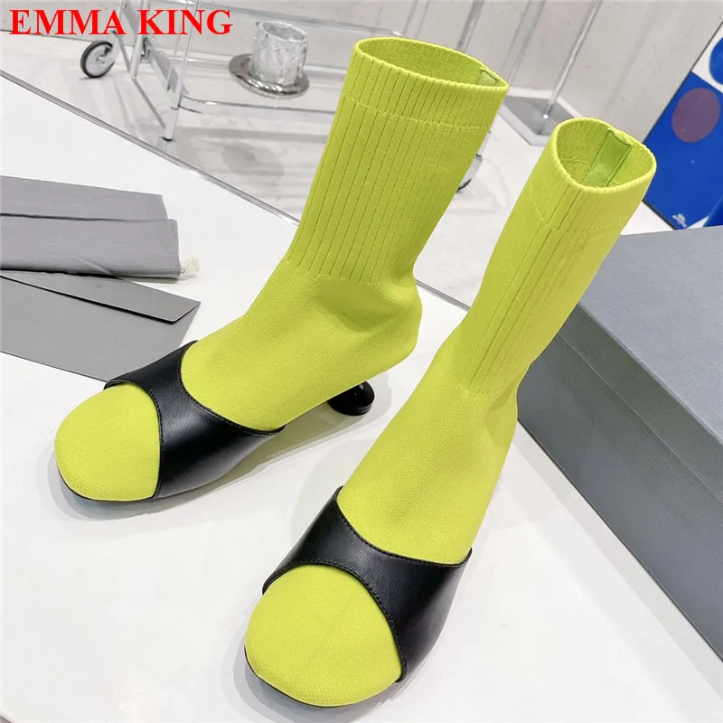 

Модные зимние женские вязаные ботильоны, роскошные эластичные ботинки с круглым носком на высоком каблуке, женские короткие ботинки, женская дизайнерская обувь для женщин 2022