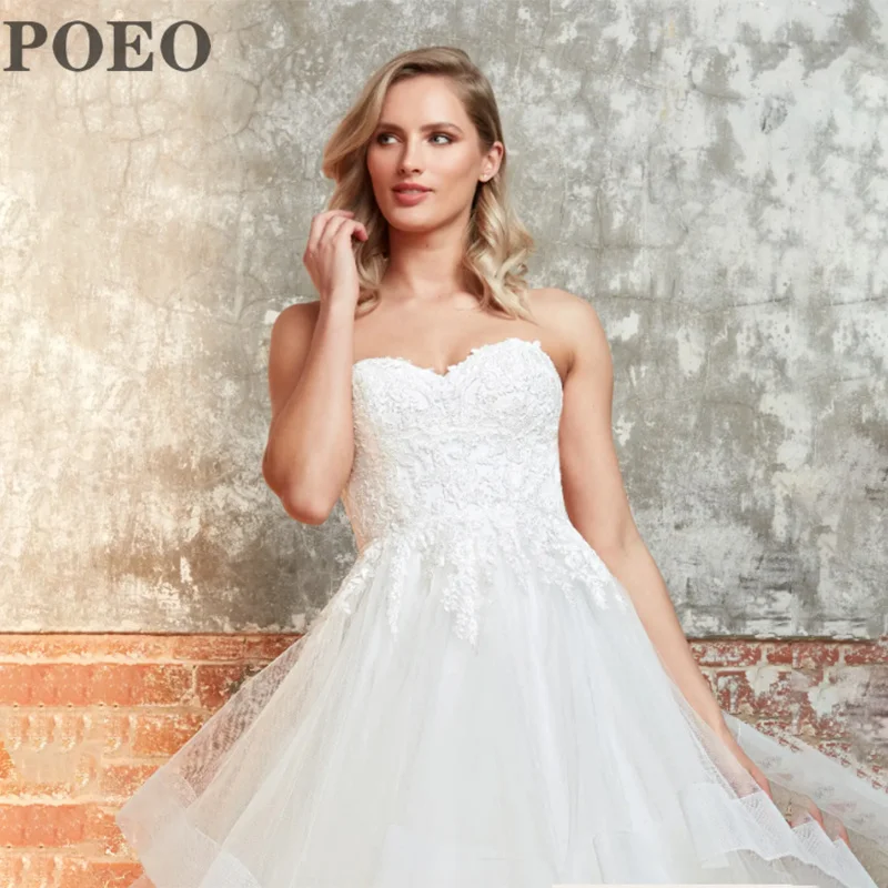 

POEO Strapless Wedding Dress 2022 Sleeveless Appliques Bridal Gowns Floor-Length Court Train Vestido De Novia Custom Made