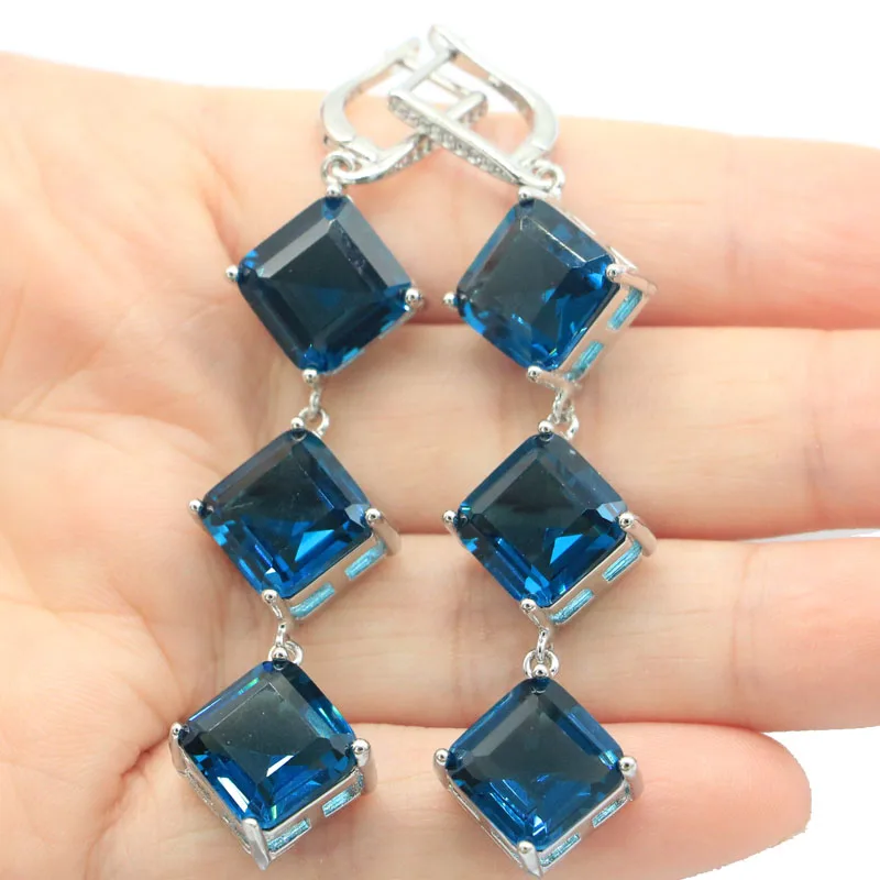 

70x16mm Classic Long 17.4g Created London Blue Topaz Smokey Topaz CZ Bride Wedding Dating Silver Earrings Eye Catching