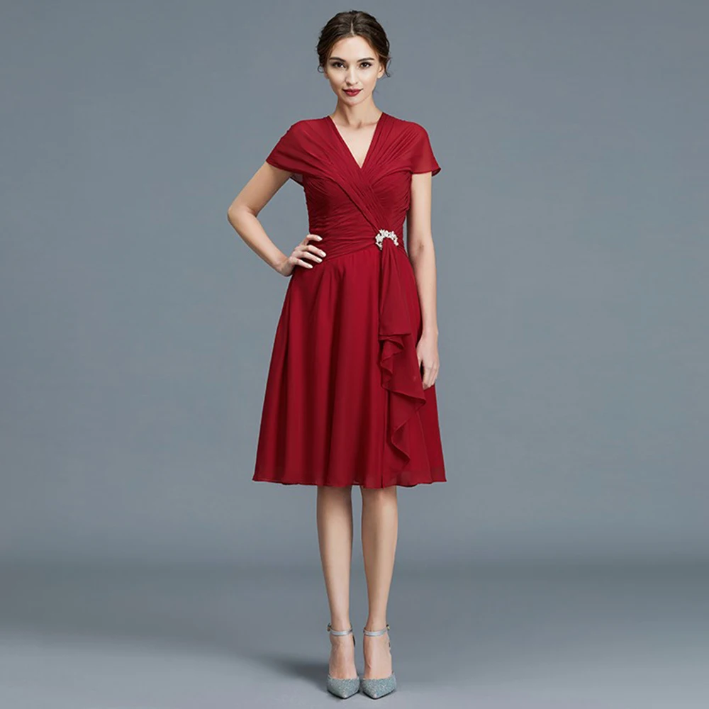 

Elegant Burgundy Mother Of The Bride Dresses V Neck Short Sleeves Wedding Party Gowns Knee Length Vestido De Fiesta De Boda 2022