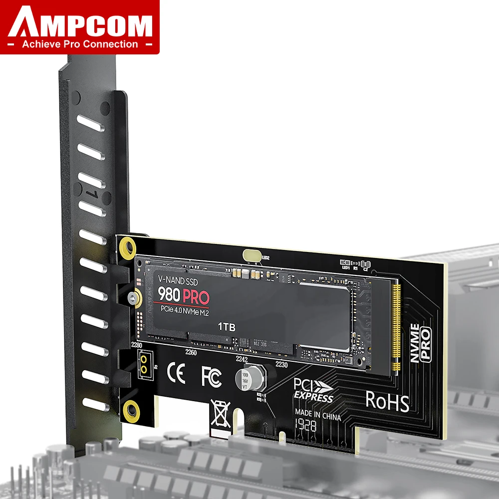 AMPCOM M.2 NVME SSD para Placa Adaptadora PCIe 4.0, Adaptador para Área de Trabalho PC 64Gbps SSD PCIe 4.0 X4, Velocidade Total PCI-E GEN4