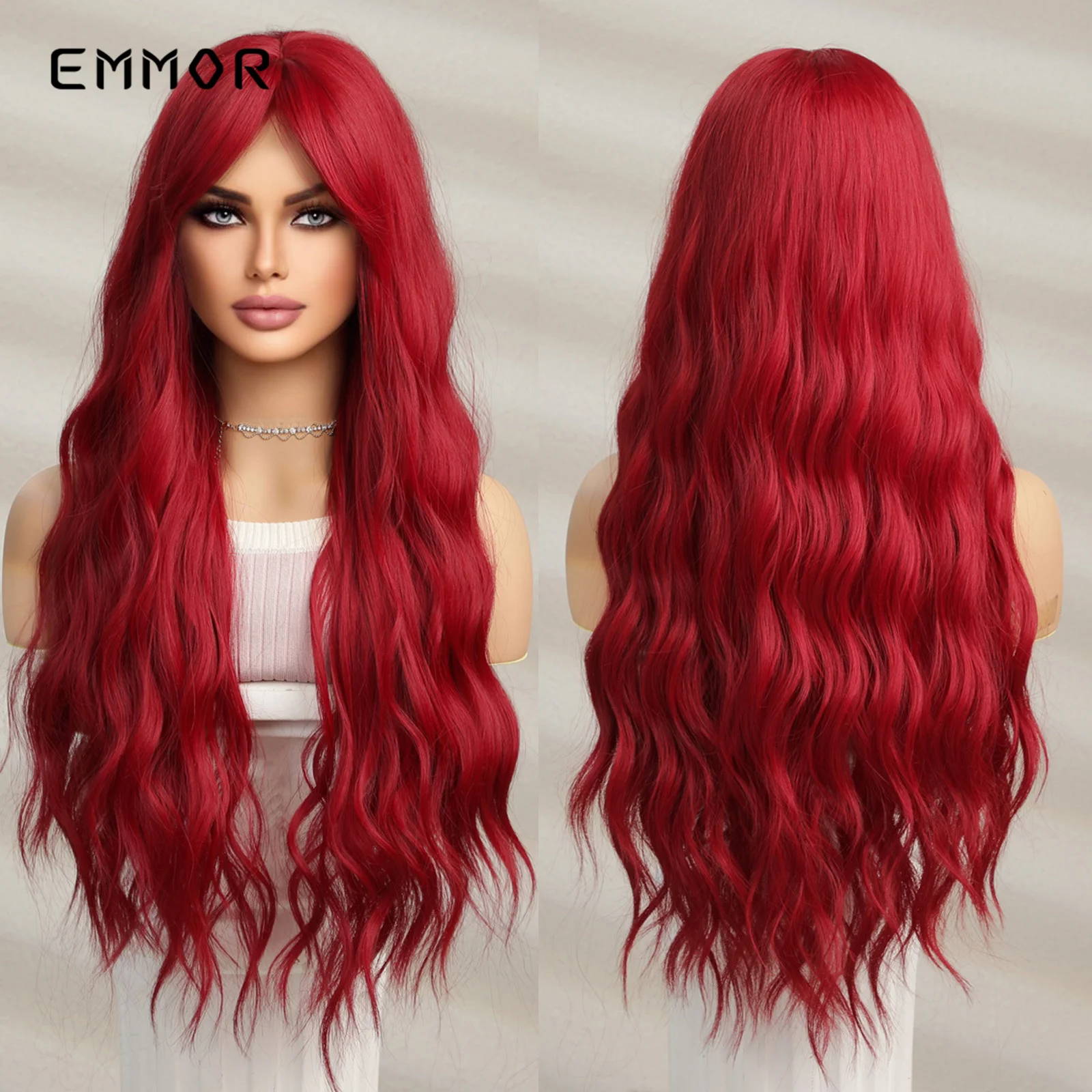 

Emmor длинный волнистый парик винно-Бордовый Красный хорошие синтетические парики с челкой для женщин Косплей вечерние натуральные волосы термостойкие волосы