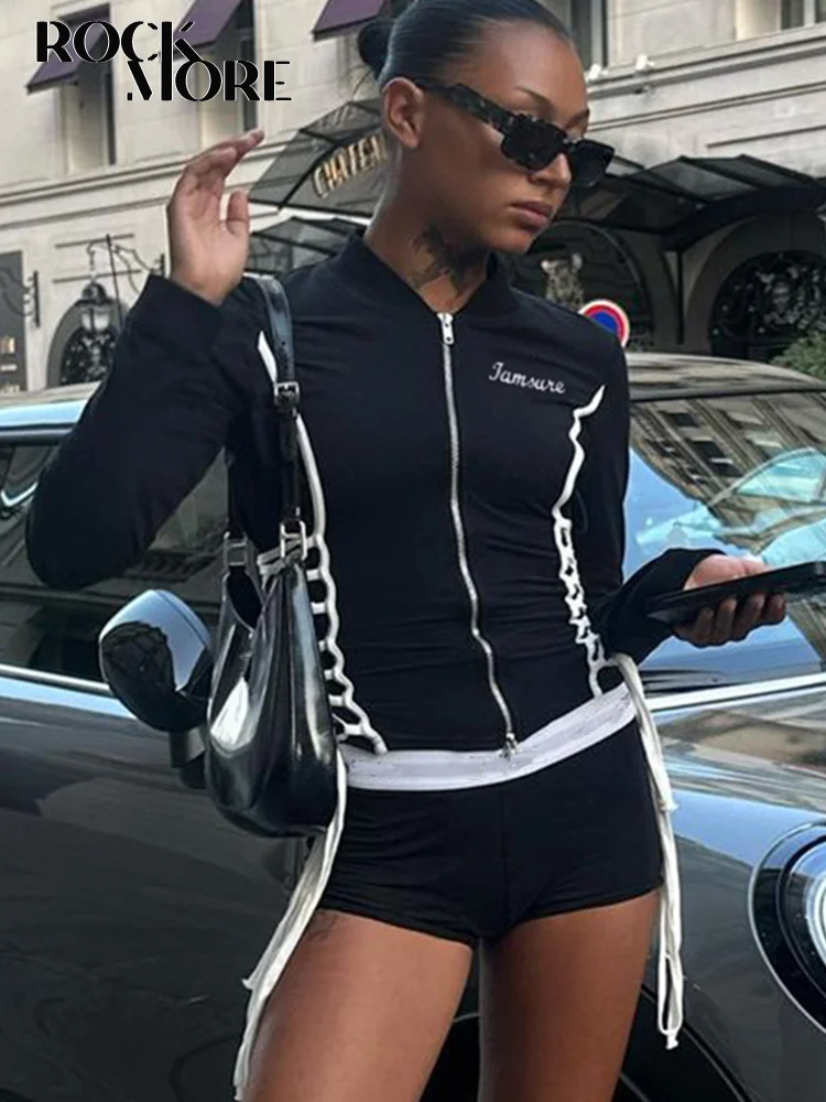 

Rockmore Cross Lace up Zipper T Shirt Women Streetwear Long Sleeve Slim Crop Top Fashion Autumn Casual Korean Harajuku Outerwear
