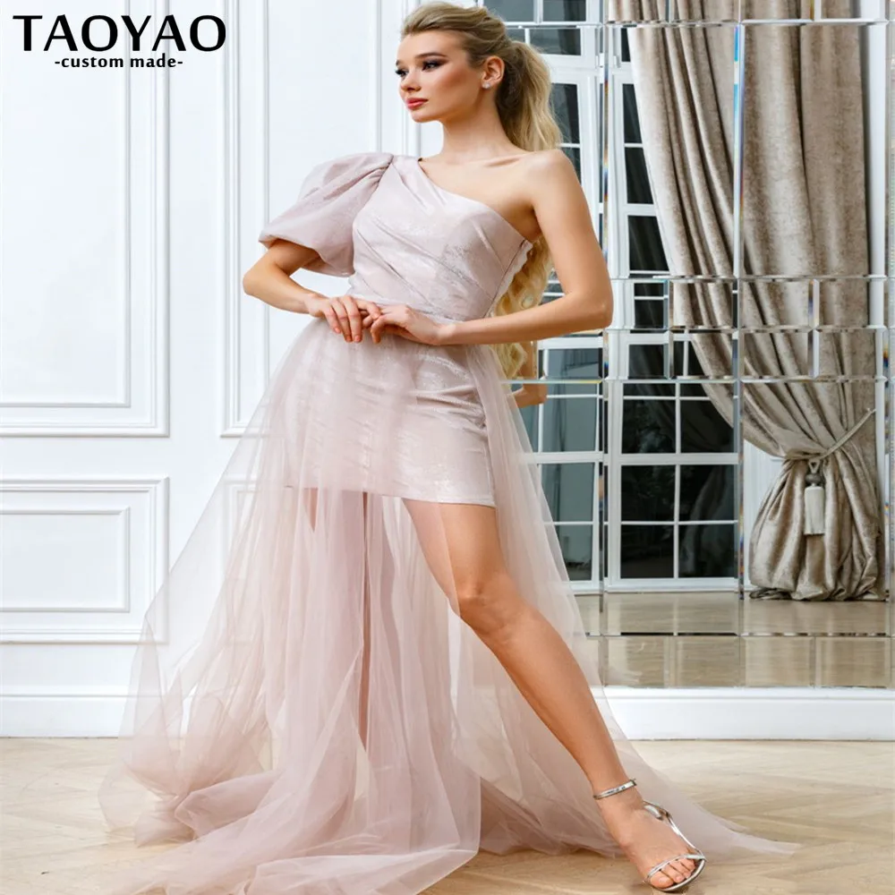 

Sexy One Shoulder Short Evening Dresses Sheath Puff Sleeve Prom Dress For Women Party Backless 2022 Popular Robe De Soriee