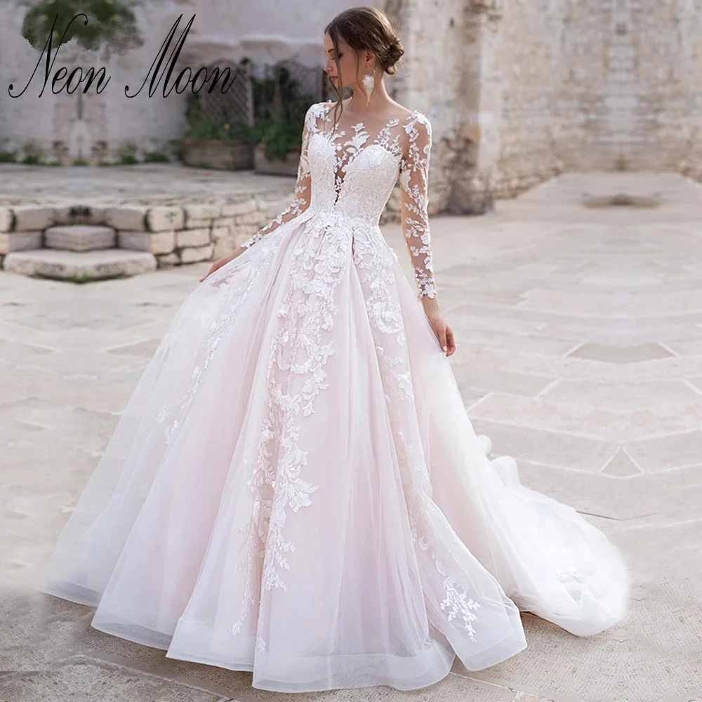 

Gorgeous Scoop Neck Lace Appliques Wedding Dresses Long Sleeves A Line Bridal Gowns Illusion Back Sweep Train Vestidos De Novia