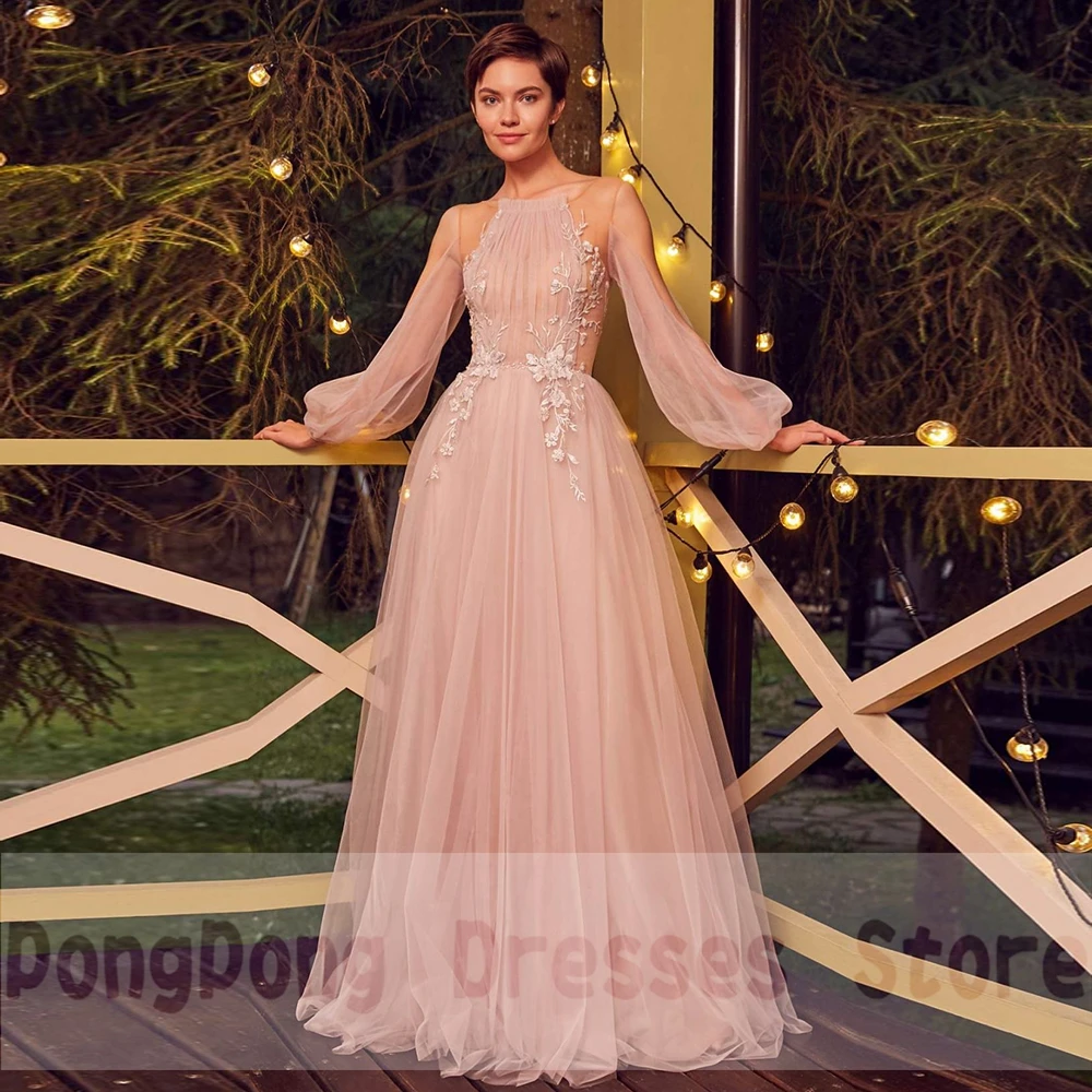 

Simple Evening Dresses Floor length Draped A Line Tulle Applique Print Evening Gowns Delicate Paillette Sexy Formal Dress