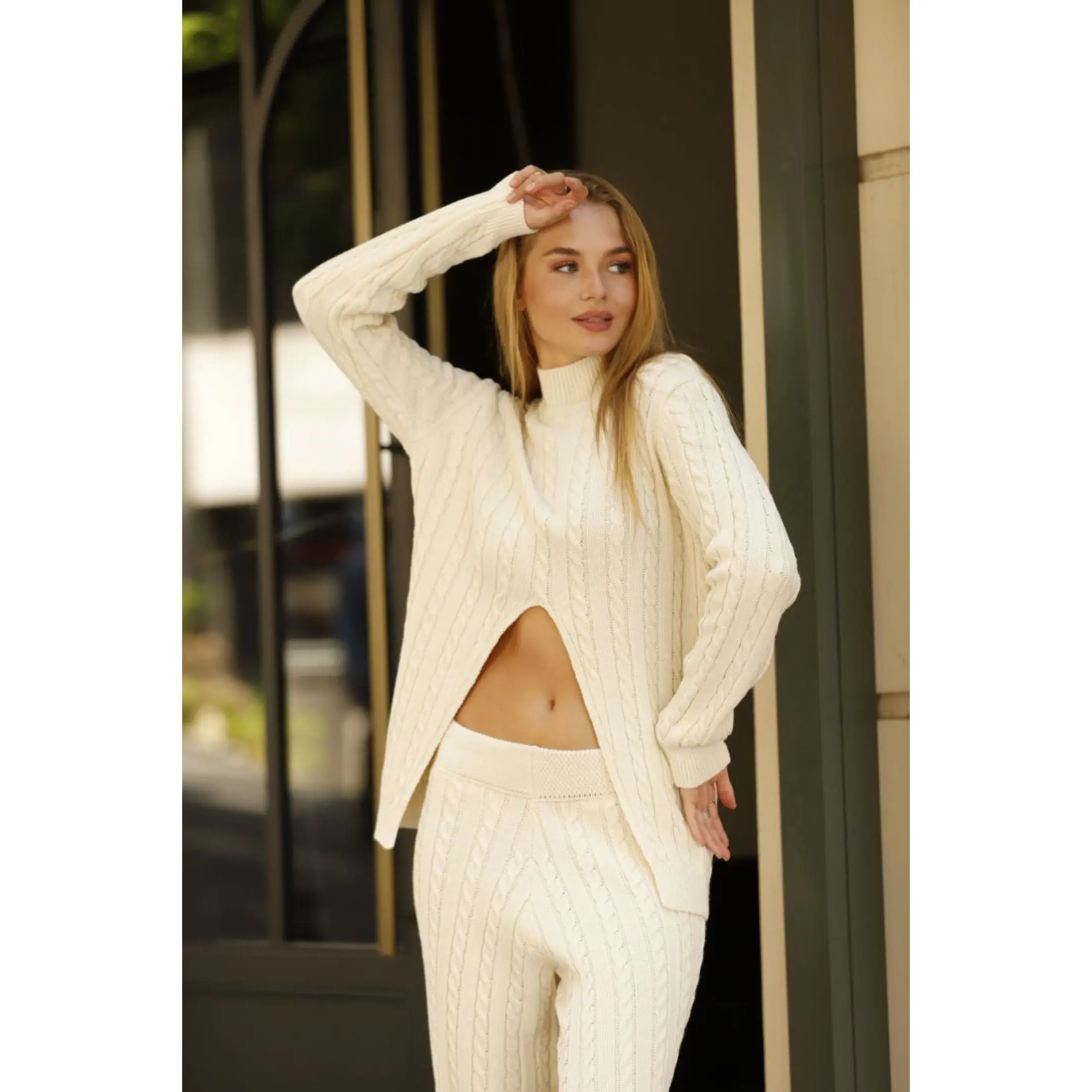 

Two Piece Women's Pant Set Suit Knitwear Turtleneck Cropped Sweater And Pants Two Piece Winter Set Woman Outifit Tracksuit
