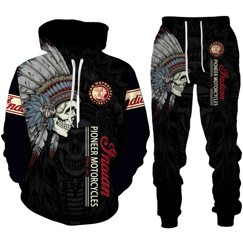 

Indian Skull Print Men Tracksuit Casual Joggers Hooded Sportswear Fashion Motorcycle Hoodie/Pants/Suit Hip Hop Male 2 Piece Sets