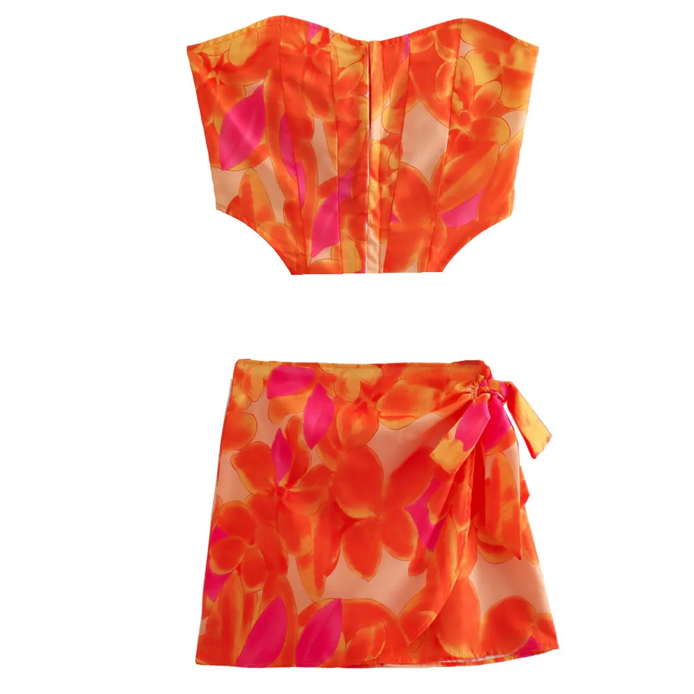 

PB&ZA 2022 Summer New Women's Clothing Printed Corset Knotted Tie Skirt Two-piece Holiday Style Suit