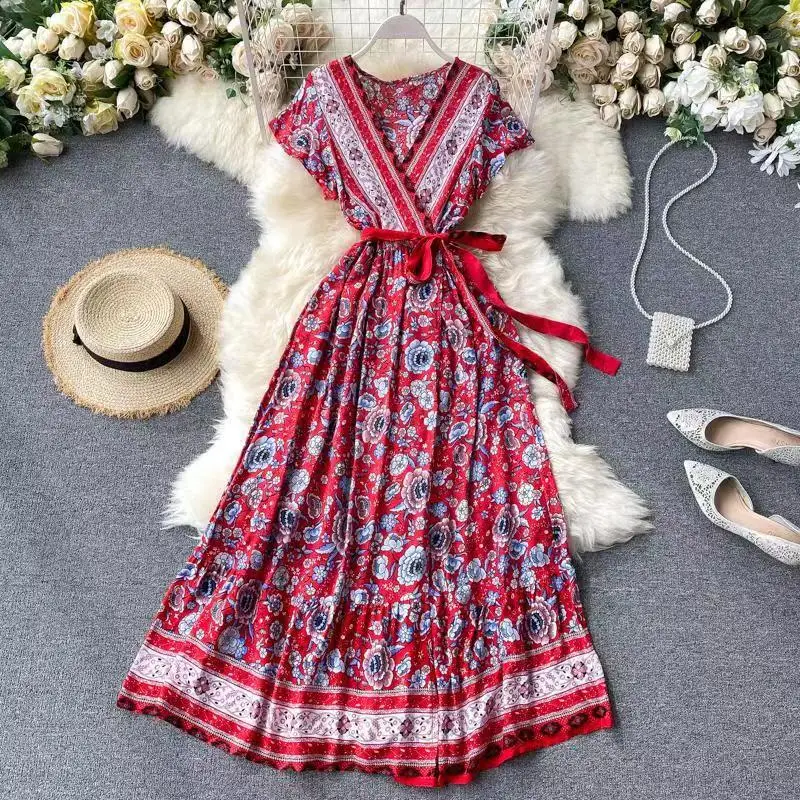 

Vintage Beachwear Vestidos Women Floral Print Bat Sleeve Beach Long Bohemian Maxi Sundress Ladies Sexy V Neck Summer Boho Dress