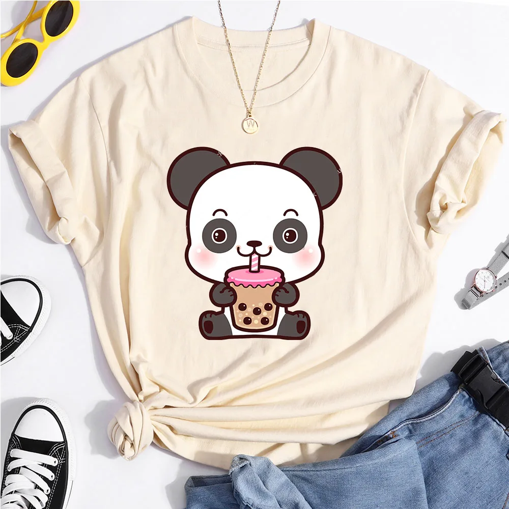 

Large Size T-shirts Wihte Cartoon Panda Drink Milky Tea Print Summer Casual Couples Short Sleeve футболки женские хит 2022 S-5XL