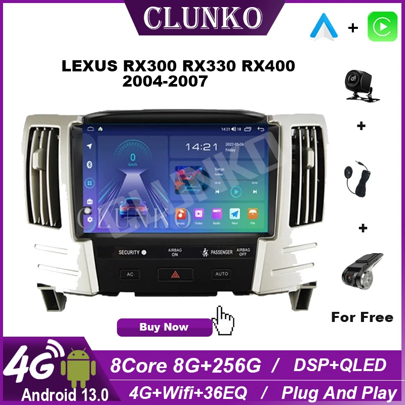 

Автомобильный радиоприемник Clunko для LEXUS RX300 RX330 RX400 2004 - 2007 Android, стерео, экран Tesla, мультимедийный плеер Carplay Auto 8G + 256G 4G