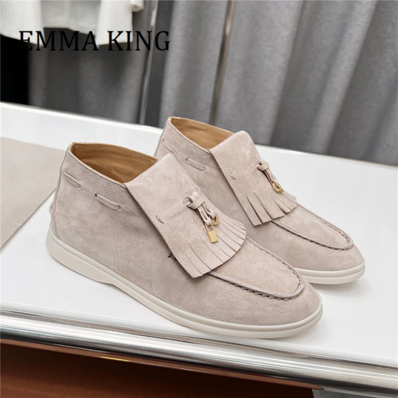 

2022 Spring Autumn Women Suede Shoes Ladies Metal Lock High Top Flats Female Comfort Round Toe Loafers Fashion Women's Shoes