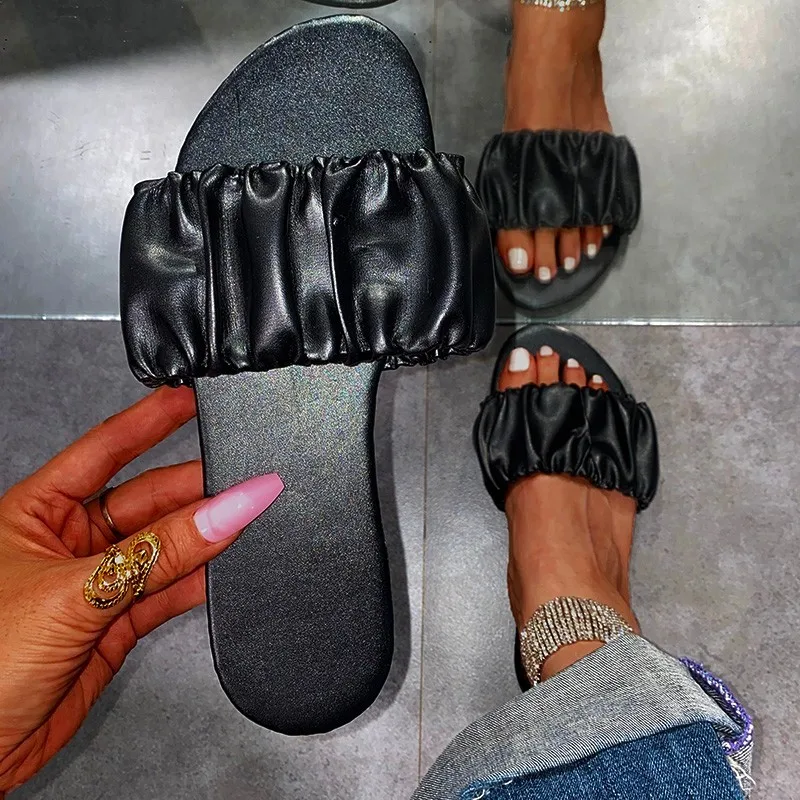 

Plus Size Brand Design Women Falt Heels Slipper Summer 2021 Fashion Leather Sildes Ladies Mules Shoes Sapatos De Mujer
