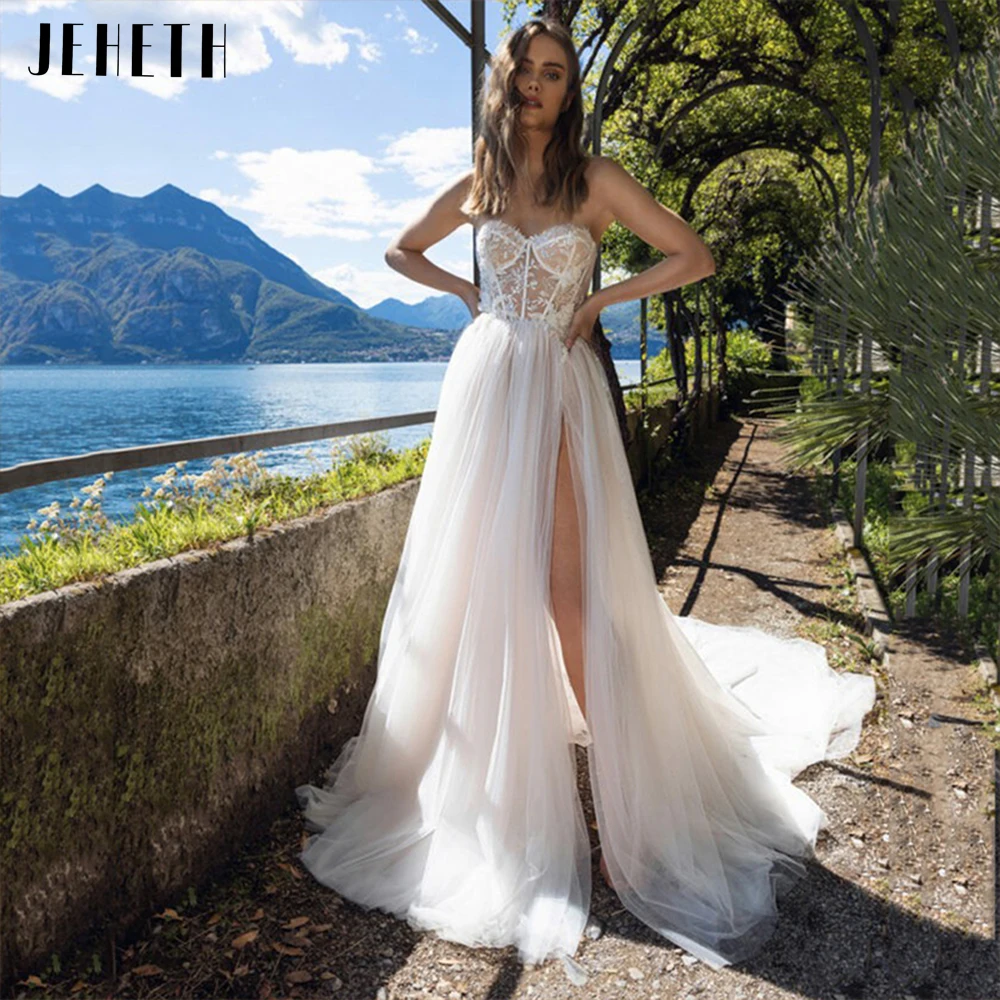 

JEHETH Boho Sexy Tulle Beach Wedding Dress for Women 2023 Illusion Back A-Line High Slit Sweetheart Lace Appliques Bridal Gowns