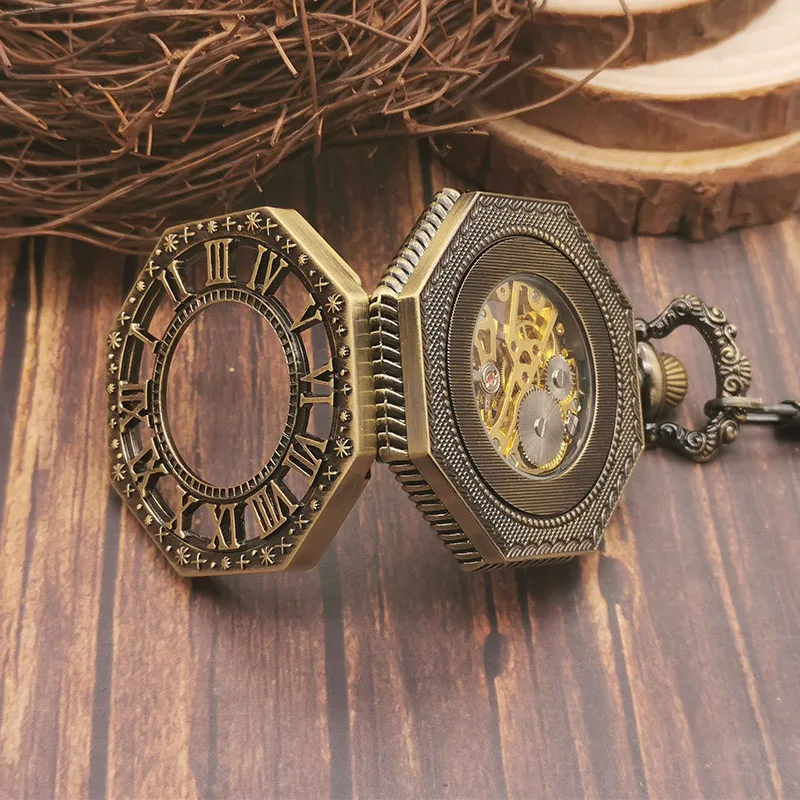Fashion Casual Hollow Unique Polygon Dial Hand Winding Mechanical Stainless Steel Pocket Watch For Men Women Necklace Pendant