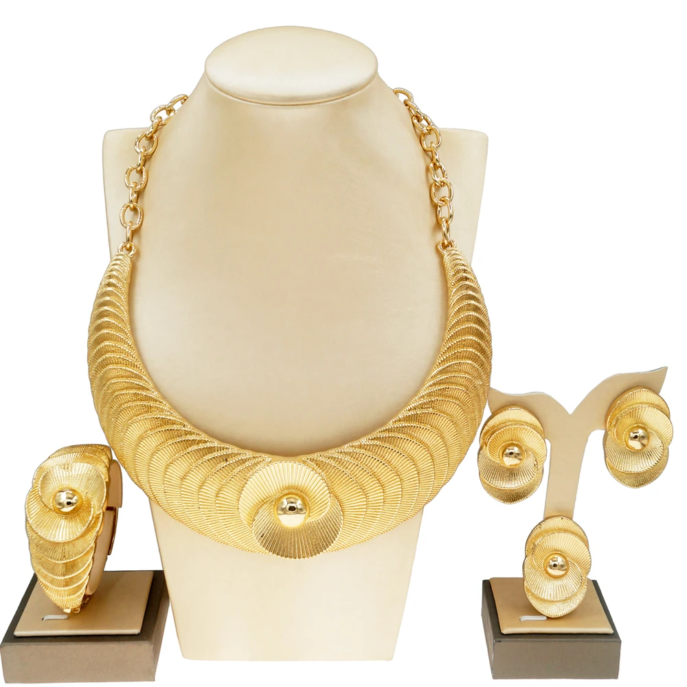 Jewelry For Women2023 New Gold-plated Necklace Set Layered Design Texture Pendant Bracelet Earrings Nigerian Wedding Party SYHOL