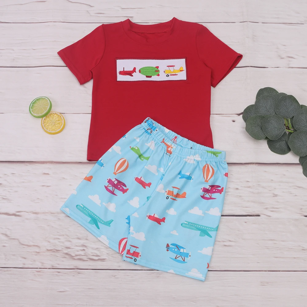 

New Arriving Baby Boys Clothes Set 2pcs Cotton Aircraft Embroidery Bodysuit Red Sleeve Outfits Shorts For 1-8T Toddler Babi