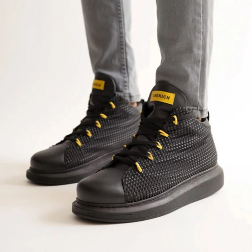 Men's Shoes Black Yellow Color Artificial Leather 2023 Winter Autumn Seasons Lace Up Sneakers Ladies & Gentlemens Ankle Fashion Solid Wedding Basic Boots Flexible Footwear Office Wedding New Travel 111