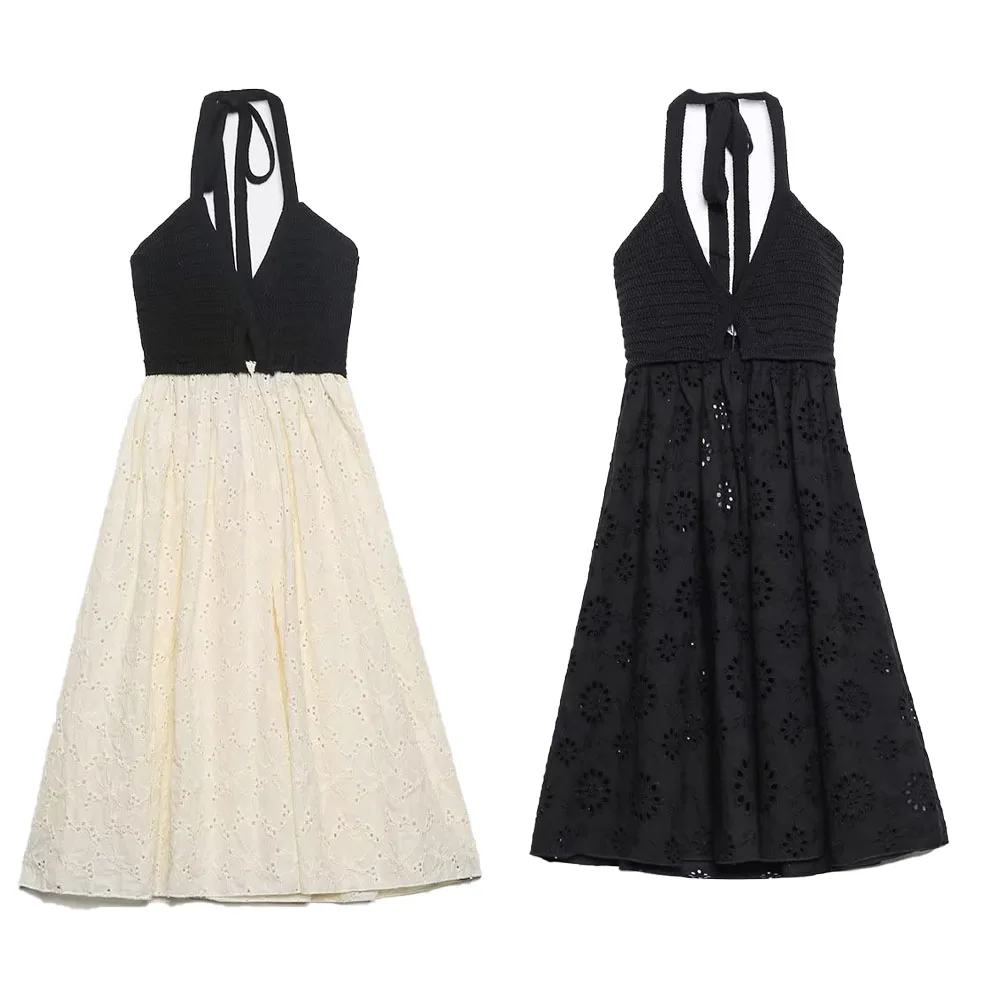 

Zach AiIsa summer temperament black sexy backless lace-up elastic upper chest hollow embroidery stitching knitted dress
