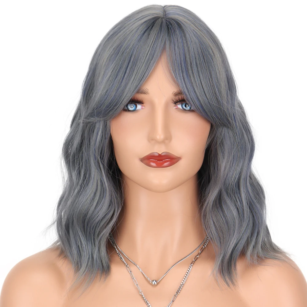 

Medium Water Wave Synthetic Grey Blue Wigs with Bangs Middle Part Bangs Bob Cosplay Hair Wig for Women Heat Resistant Fiber