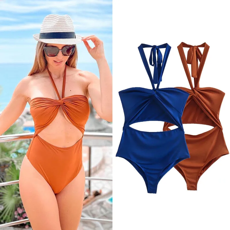 

PB&ZA 2022 Summer New Women's Two-color Hollow Halter Bodysuit Sexy Beach Bikini Swimsuit