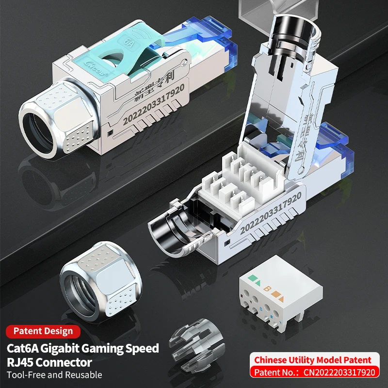 

CNCOB RJ45 CAT6A CAT6 Connectors Tool-Free Zinc Alloy Shielded Reusable Ethernet Termination Toolless Plugs, 22-26AWG, 6.5-8.5mm