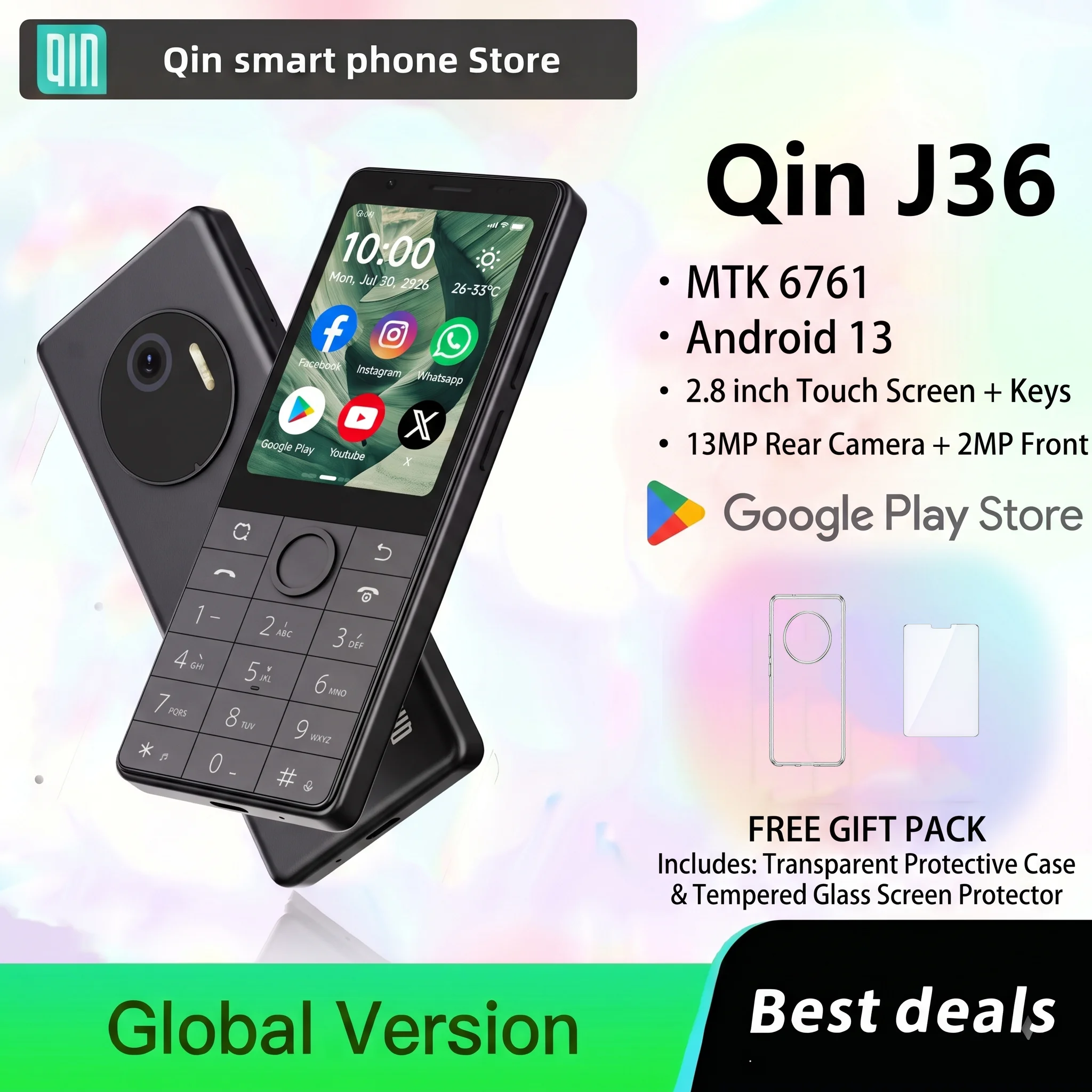 Фото Глобальная версия DuoQin J36, двухсимочный 4G смартфон с функциями Android 13, процессор MTK6761, 2.8-дюймовый сенсорный экран, 13 МП + 2 МП камеры, физическая клавиатура. №1