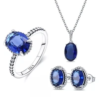 100 925 sterling silver earrings ring necklace luxury jewelry set ellipse blue crystal fashion jewelry for women wedding party
