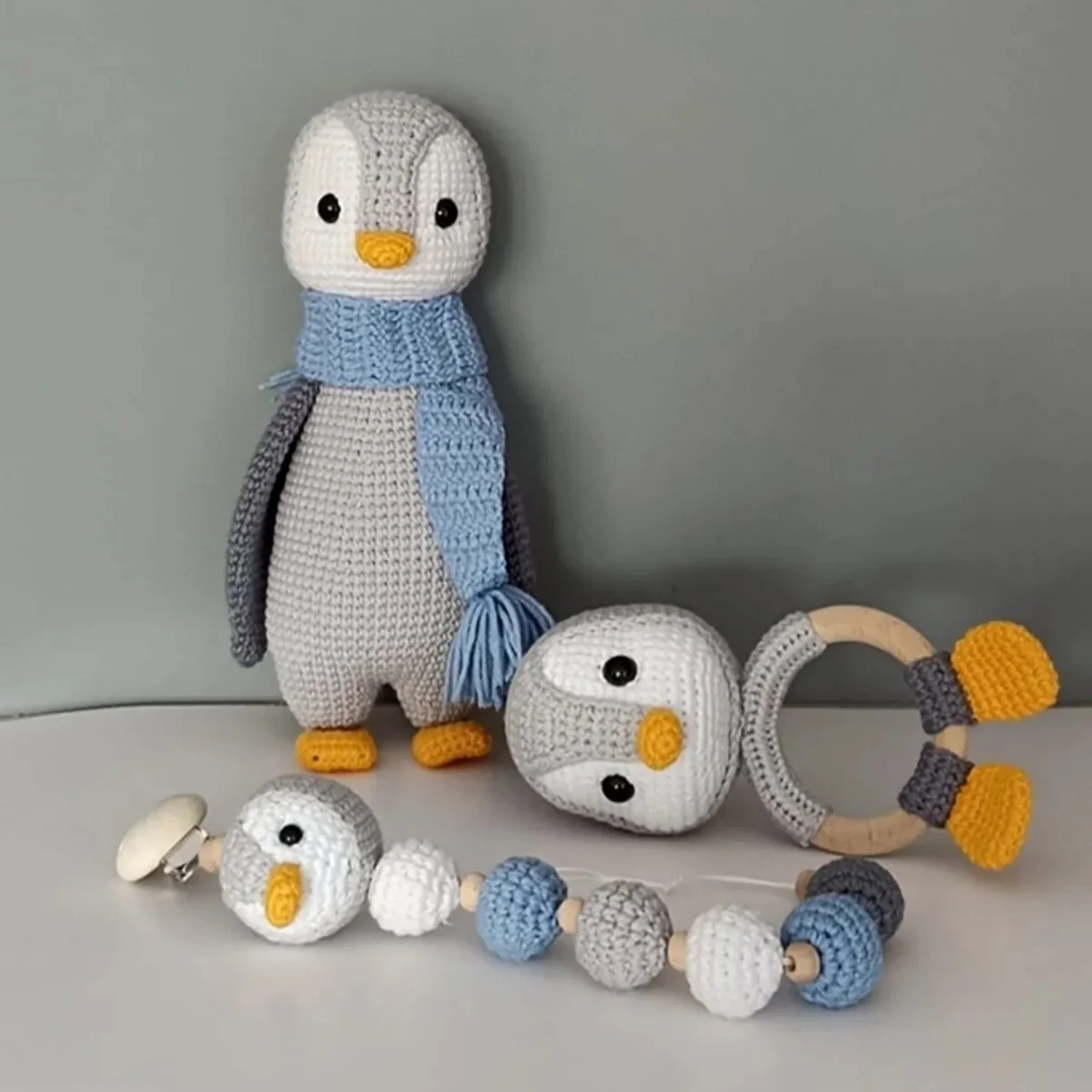 

Голубой шарф Amigurumi, пингвин, спутник для новорожденного, соска, ремешок, Органическая кукла животного ручной работы для детей