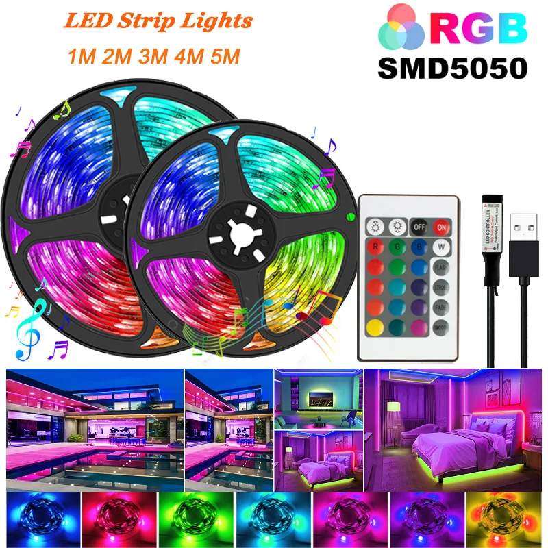 

LED Strip Lights 5050 RGB Infrared Remote Control with 24 keys DC5V USB Neon Light Colorful TV Background Smart home Lighting