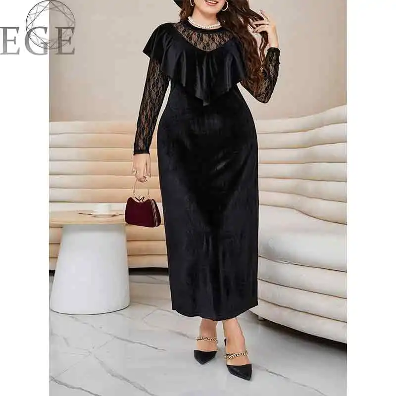 2022 New Autumn Elegant Ruffled Round Neck Plus Size Loose Long Sleeve Velvet Women Dress Lace Long Sleeve Midi Bodycon Robe