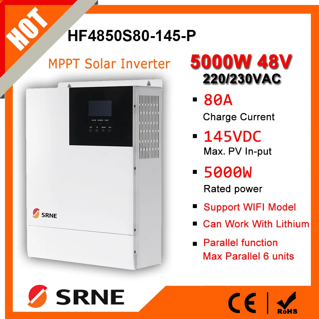 Inversor híbrido SRNE 5000W 220V 48V, compatible con módulo paralelo y Wifi, cargador Solar MPPT 80A de onda sinusoidal pura, entrada máxima de 145VDC PV