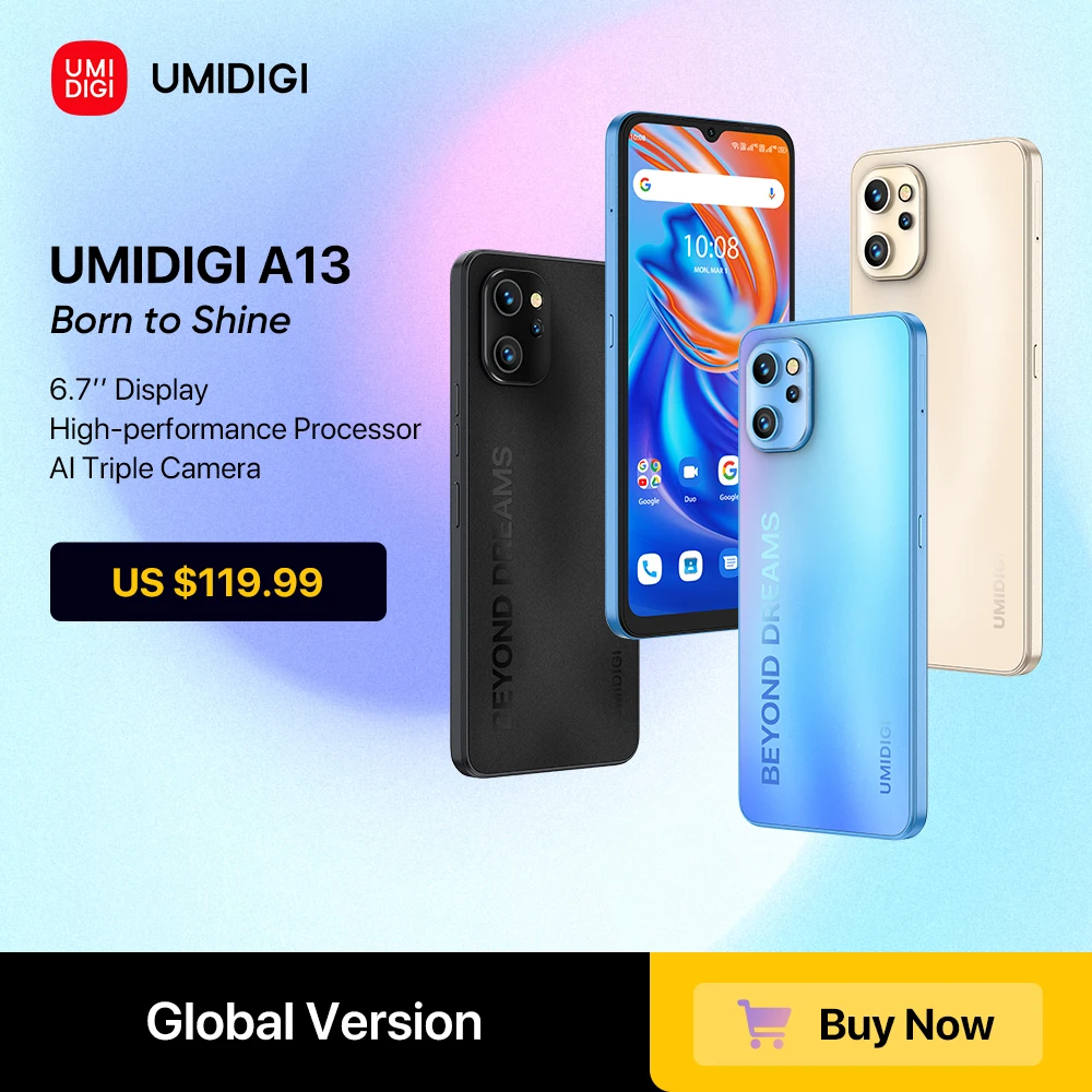 In Stock UMIDIGI A13 Android Smartphone Global Version Unisoc T610 4GB 128GB 20MP Camera 6.7 Display 5150mAh Battery Cellular