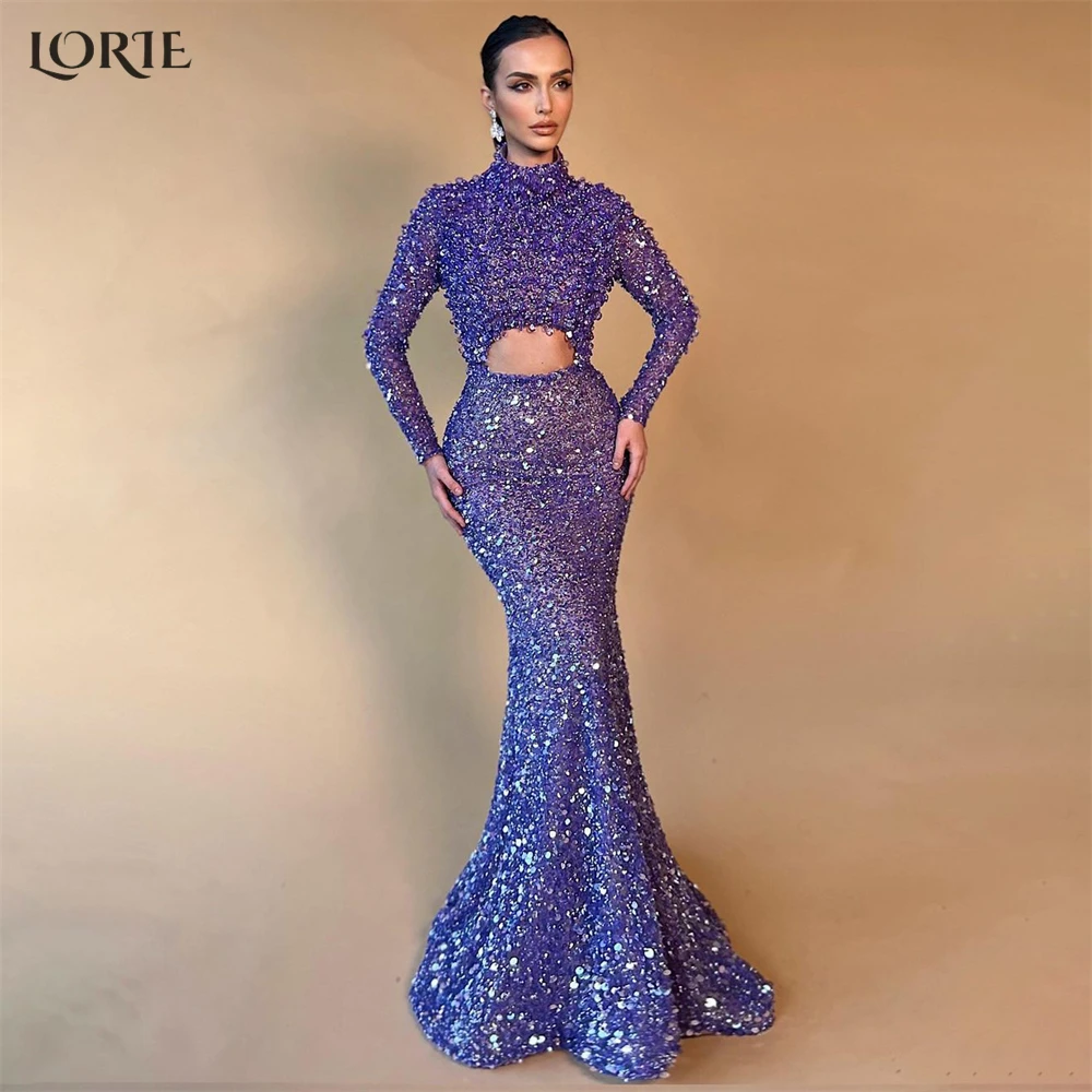 

LORIE Sexy Glitter Mermaid Evening Dresses High Neck Long Sleeves Sparkly Bodycon Prom Dress Arabia Shiny Celebrity Party Gowns