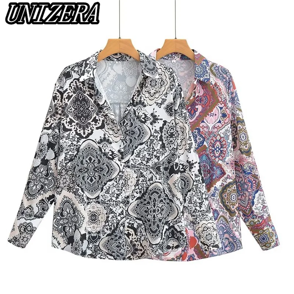 

UNIZERA Autumn and Winter New Women's Silk Satin Texture Geometric Print Lapel Long-sleeved Drooping Shirt 7969237