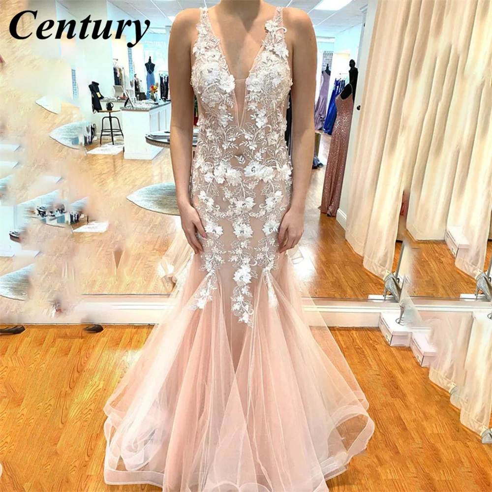 

Pink Mermaid Sexy Evening Gown Elegant V Neck Prom Dress Tank Wedding Evening Dress With Appliques Lace robes de soirée