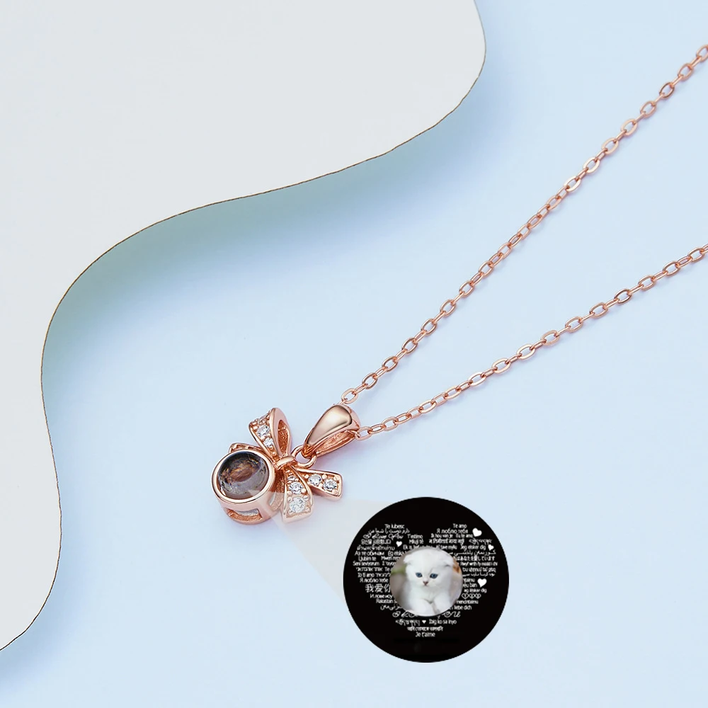 925 Silver Zircon Bowknot Photo Projection Necklace Personalized Custom Picture Pendants for Girls Birthday Gift to Girlfriend