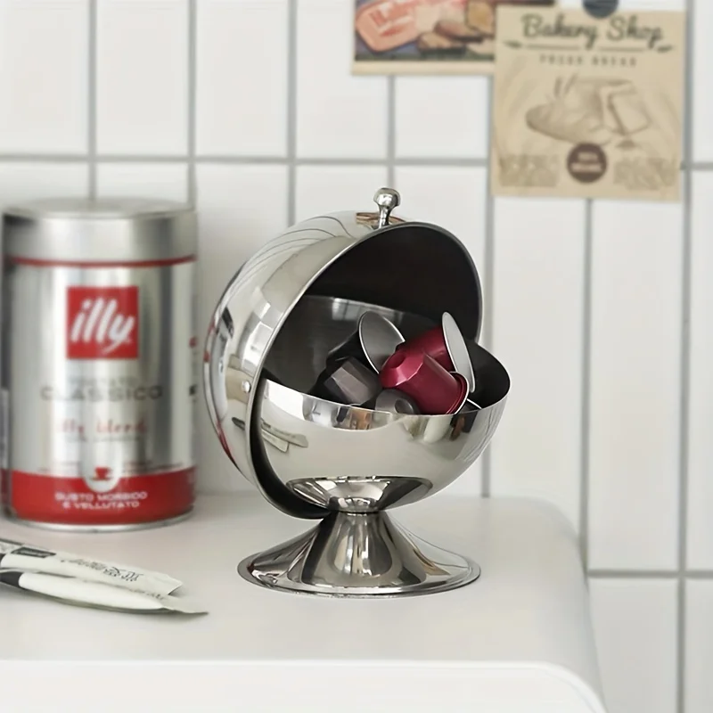 

Шаровая банка для хранения из нержавеющей стали с откидной крышкой — современный круглый настольный органайзер для кухни, дома или офиса
