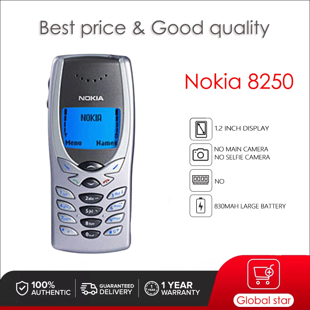 

Nokia 8250 Original Unlocked GSM 900 / 1800 1.2 inch Removable Li-Ion 830 mAh battery mobile phone