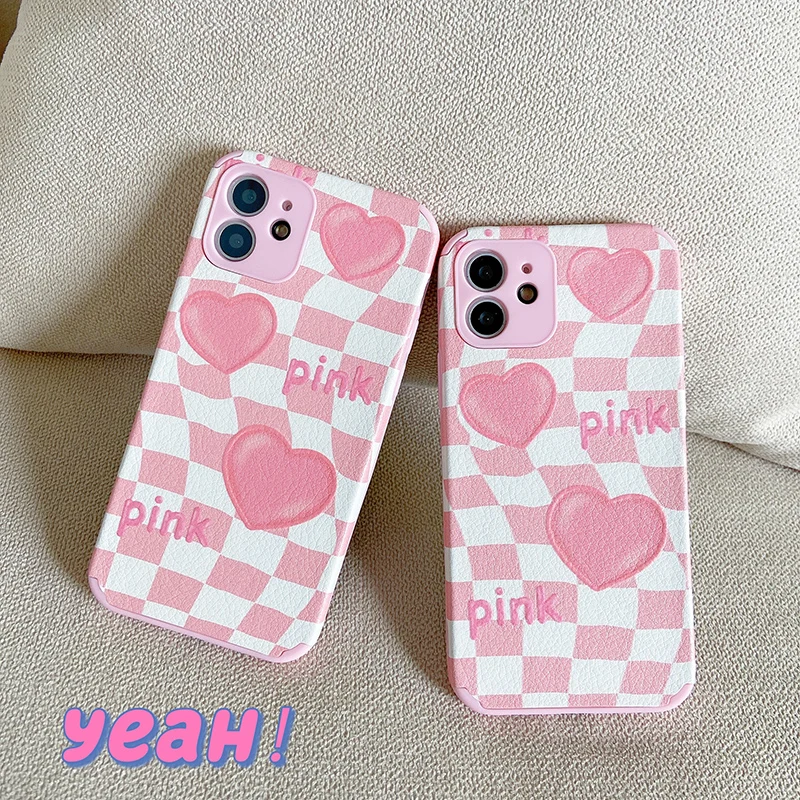 

Pink Chessboard Hearts Phone Case for iPhone X XR XS 7 8 Plus 11 12 13 pro MAX 13mini Lambskin Soft Shockproof Case