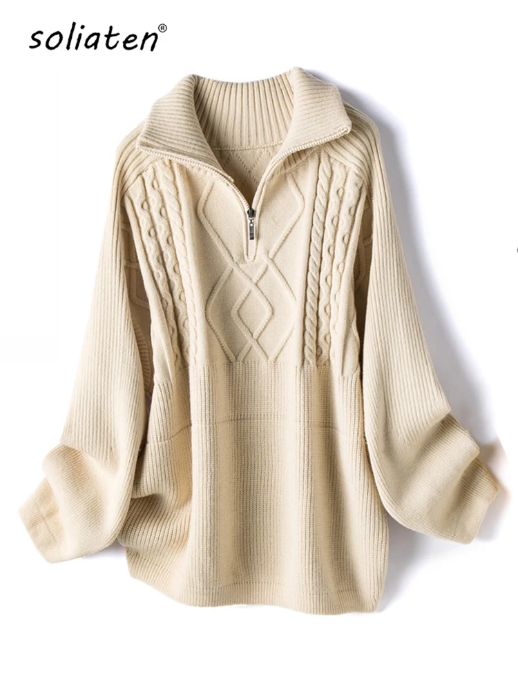 Suéter de lana de gran tamaño para mujer, Jersey grueso y cálido de punto, jersey de cuello alto de manga larga con cremallera, abrigo de invierno, C-295