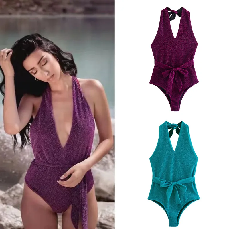 

PB&ZA 2022 Summer New Women's Clothing Bright Silk Waist Open Back Belt Open Back Swimsuit Halter Neck Beach Suit Bikini